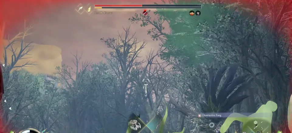 The Corvus fight with the boss health bar on screen, carrying the name and level in the shipped game’s own text