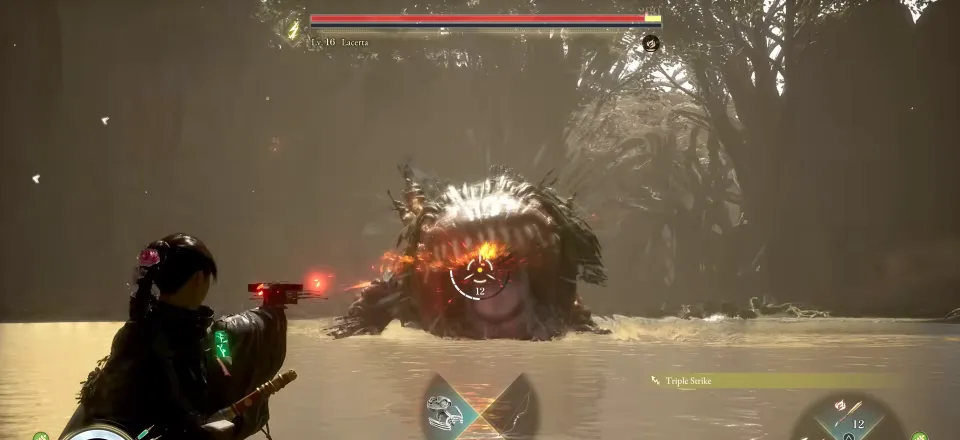 The Lacerta fight with the boss health bar on screen, carrying the name and level in the shipped game’s own text