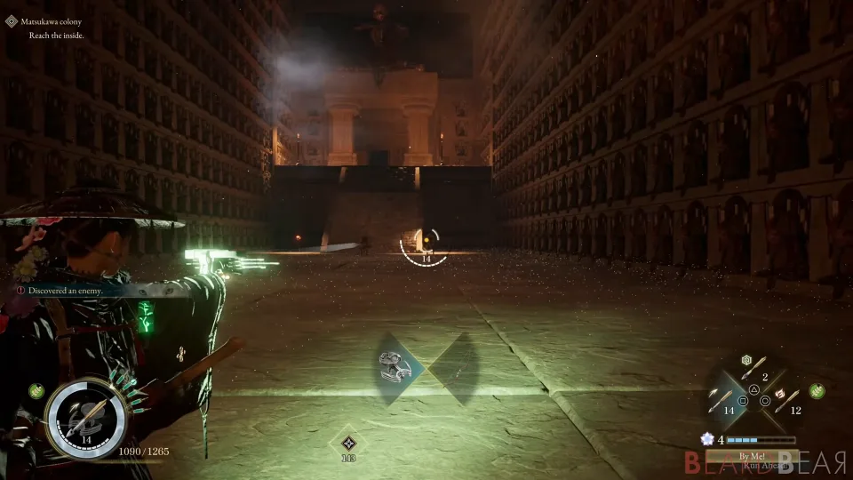 A tall dark hall lined with rows of wall alcoves, the player aiming a bow with a green targeting effect, fire at the far end.