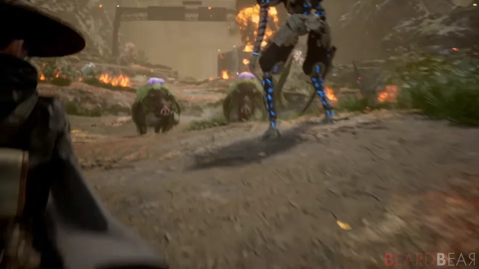 A player character mid-fight against a tall four-legged machine in a field, small ground fires burning around them.