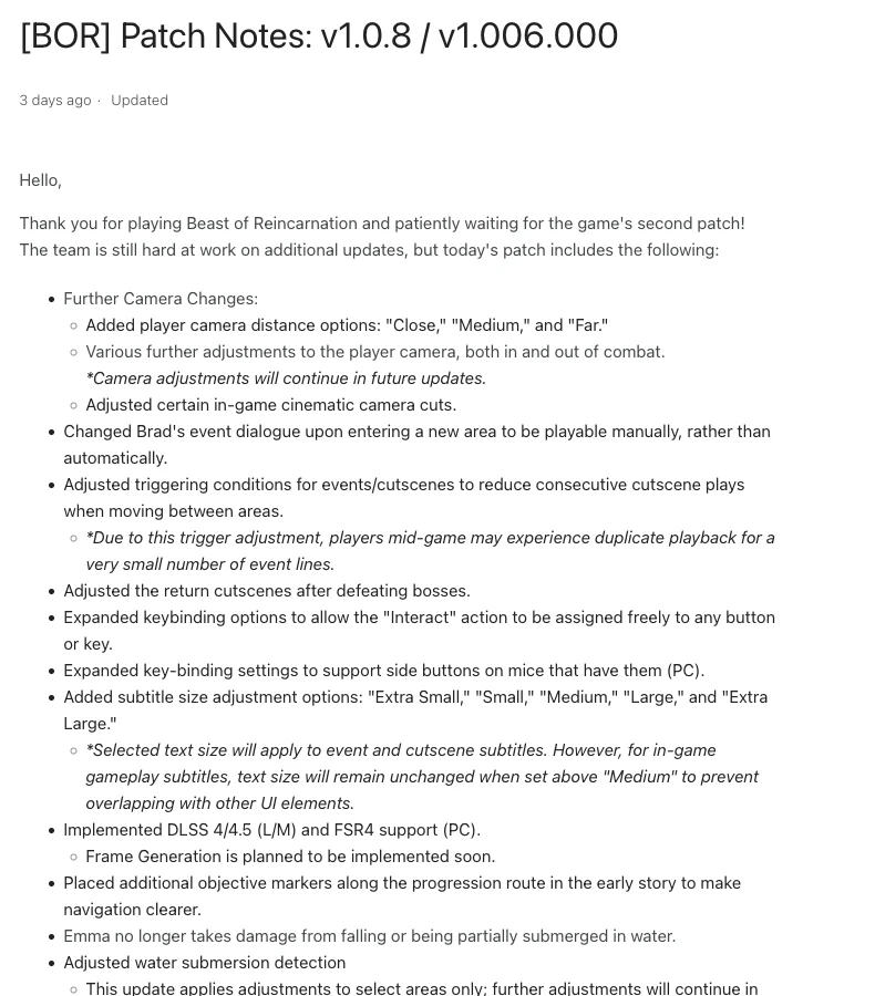 The publisher’s support article headed “[BOR] Patch Notes: v1.0.8 / v1.006.000”, showing the camera changes, the Brad dialogue item, the subtitle sizes and the DLSS 4/4.5 and FSR4 line.