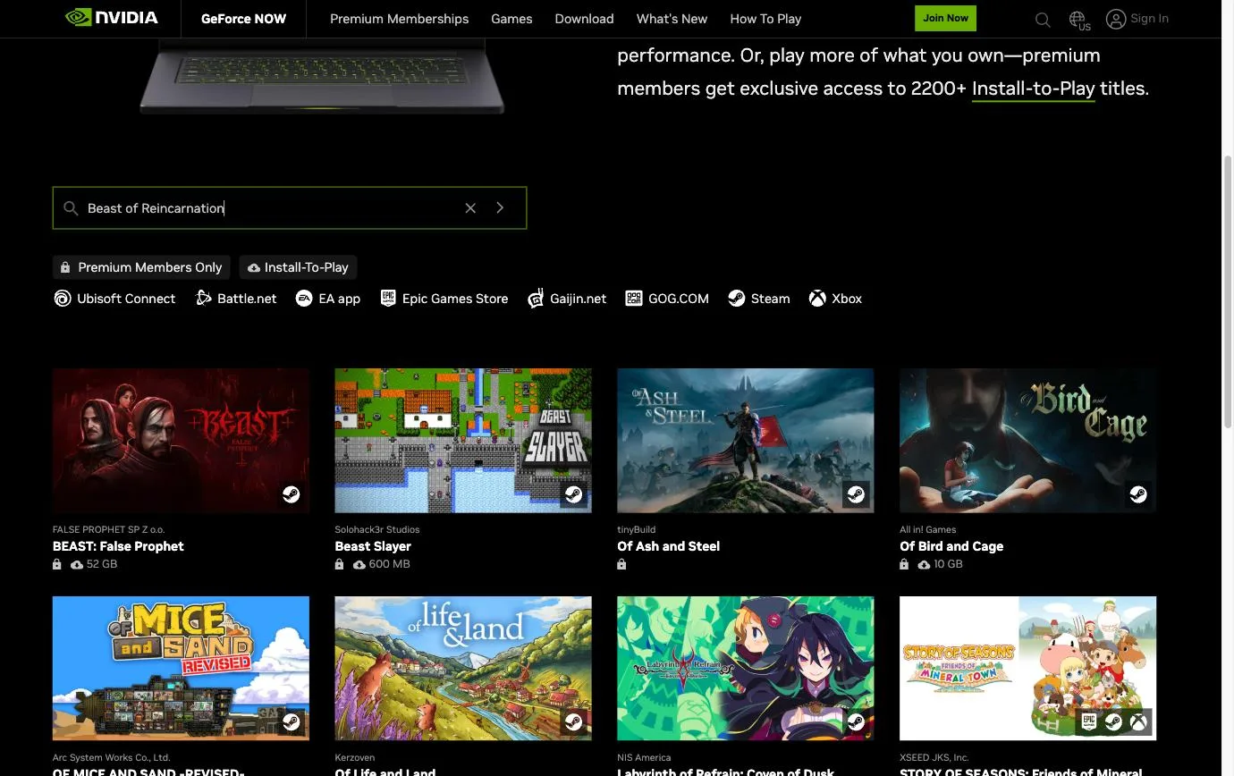 NVIDIA’s GeForce NOW game library search with “Beast of Reincarnation” typed into it, returning BEAST: False Prophet, Beast Slayer, Of Ash and Steel, Of Bird and Cage and other unrelated titles.
