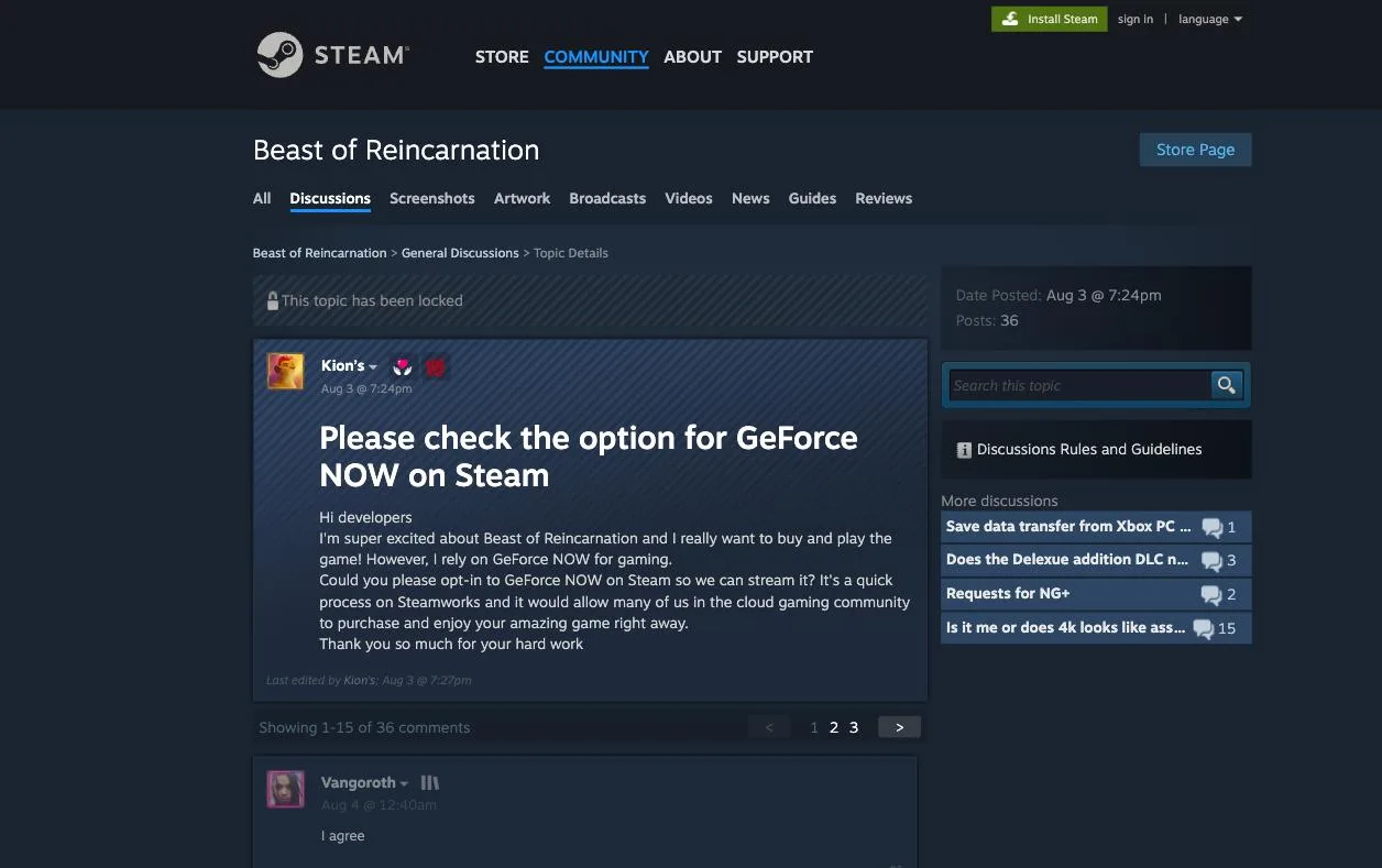 The Steam Community thread “Please check the option for GeForce NOW on Steam”, showing a padlock and the words “This topic has been locked”, a Date Posted of Aug 3 at 7:24pm, and a post count of 36.