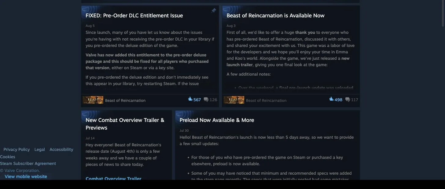 The official Beast of Reincarnation news hub on Steam, showing the two most recent posts: “FIXED: Pre-Order DLC Entitlement Issue” dated Aug 5 and “Beast of Reincarnation is Available Now” dated Aug 3, with no patch notes among them