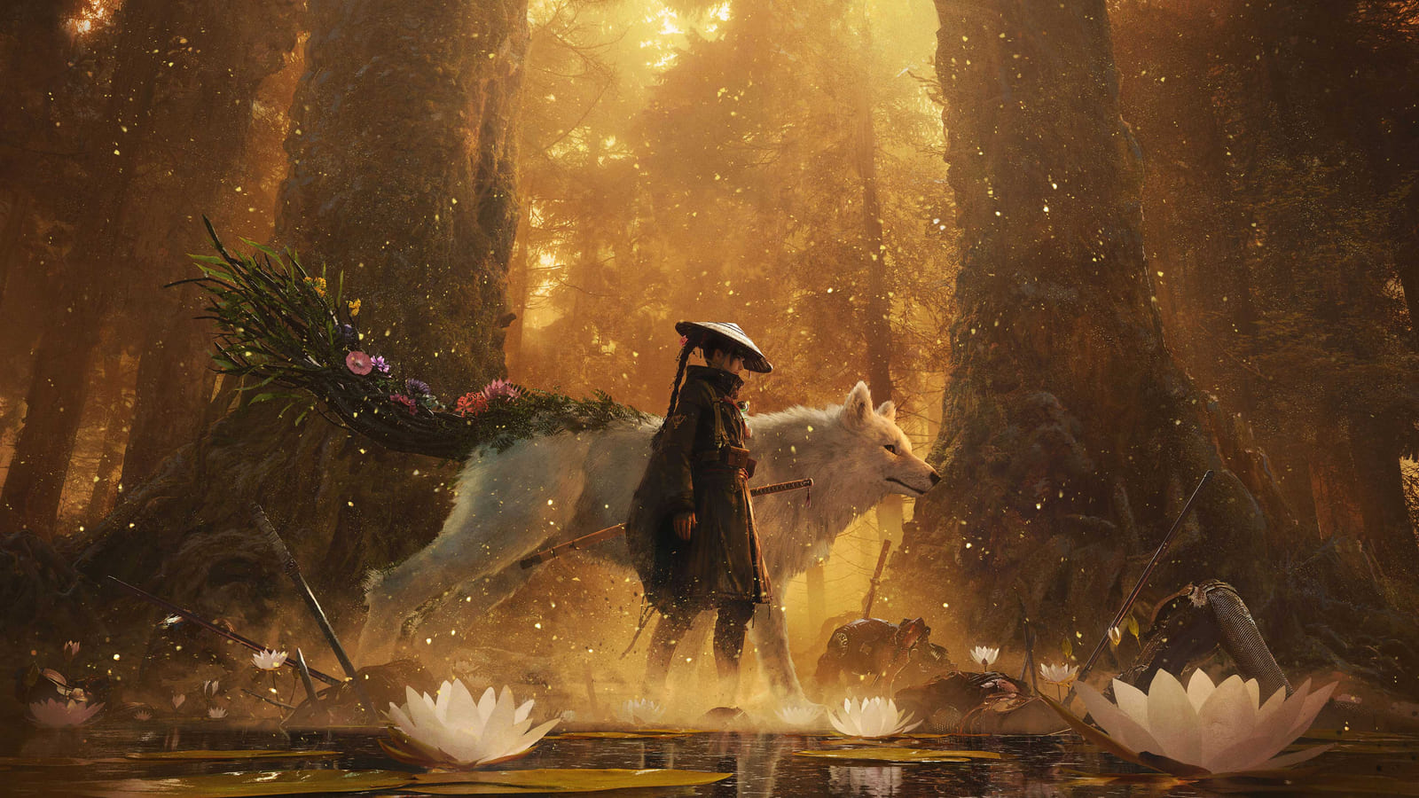 Emma in a conical straw hat standing beside Koo, a white wolf-dog carrying a mound of flowers and greenery, in a cathedral-like golden forest above a pond of white lilies