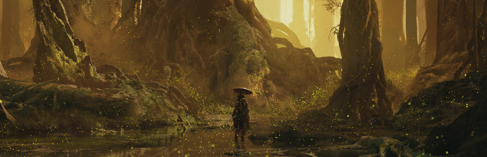 Emma standing small in frame in shallow water within a vast golden forest of enormous gnarled trees, motes of light drifting through the canopy