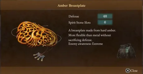 The Beast of Reincarnation equipment card for the Amber Breastplate, showing Defense 48 and six Spirit Stone slots, with enemy awareness described in the text below
