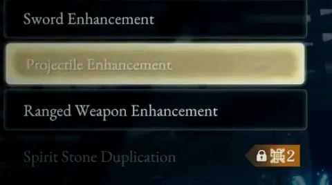 The Beast of Reincarnation Enhance Equipment menu at a campfire, listing Sword Enhancement, Projectile Enhancement and Ranged Weapon Enhancement as three separate options
