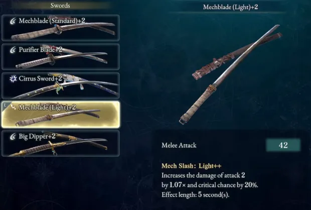 The Beast of Reincarnation weapon panel for Mechblade (Light)+2, showing Melee Attack 42 and the Mech Slash: Light++ passive description