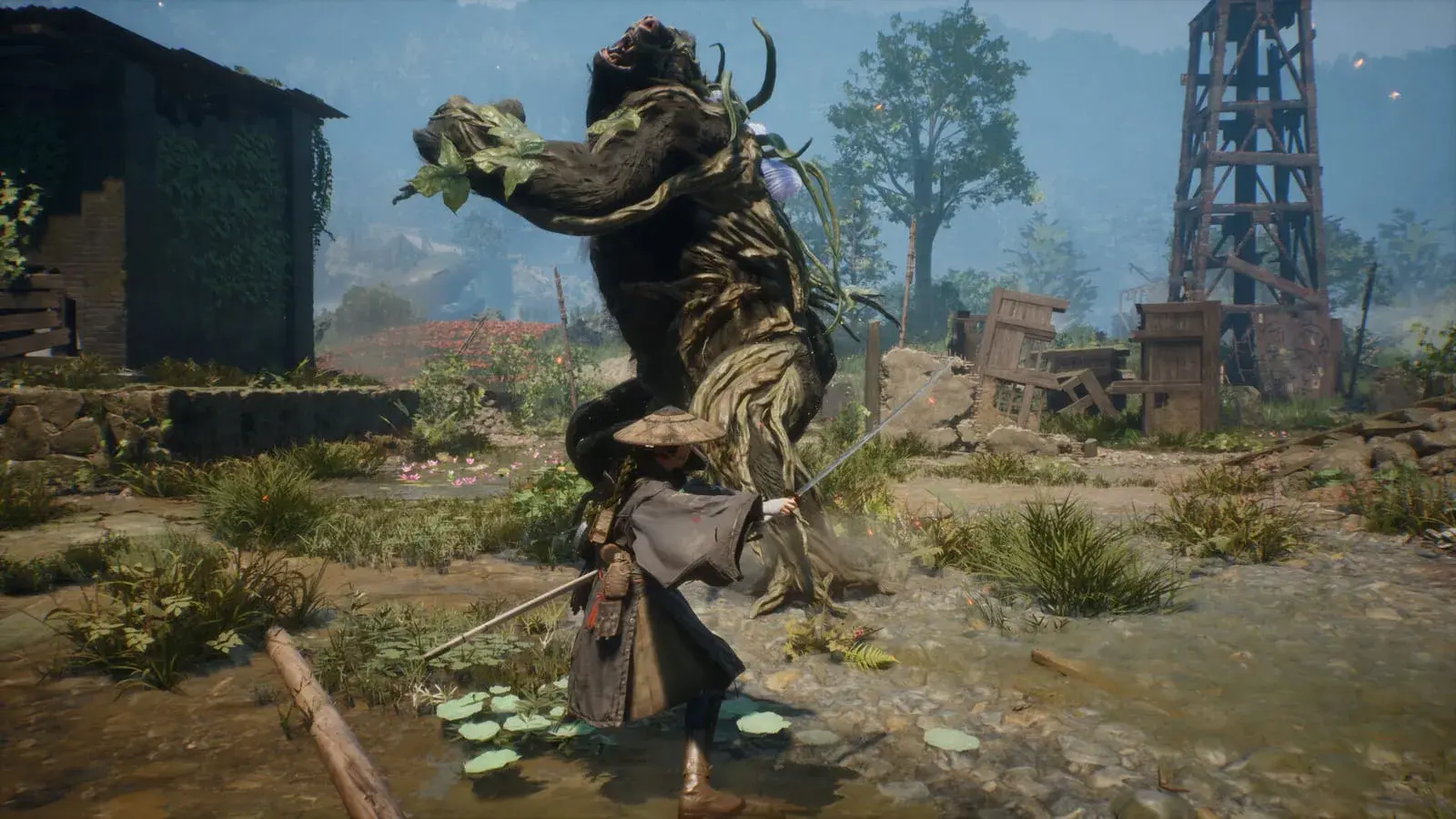 A huge bear-like creature covered in bark and leaves rearing over Emma as she dashes past with her sword drawn, through a flooded ruined village with a wooden derrick behind