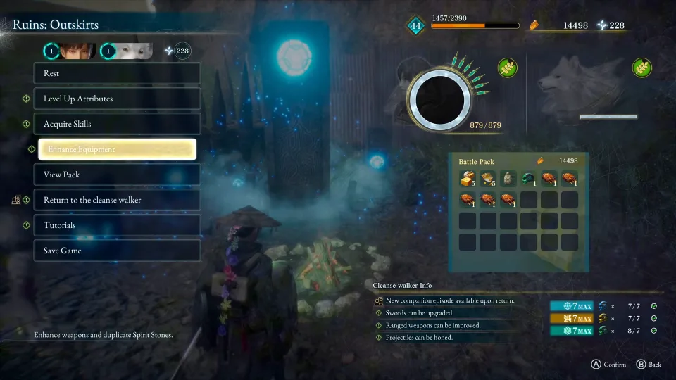 The Beast of Reincarnation campfire menu at Ruins: Outskirts, listing Rest, Level Up Attributes, Acquire Skills and Enhance Equipment, with a skill-point counter reading 228