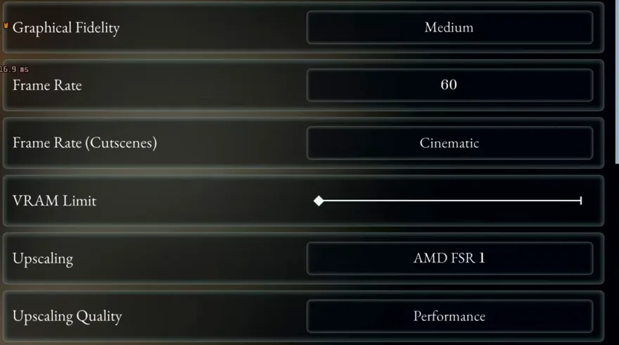 The game’s graphics settings menu, showing Graphical Fidelity set to Medium, Frame Rate 60, Upscaling AMD FSR 1 and Upscaling Quality Performance.
