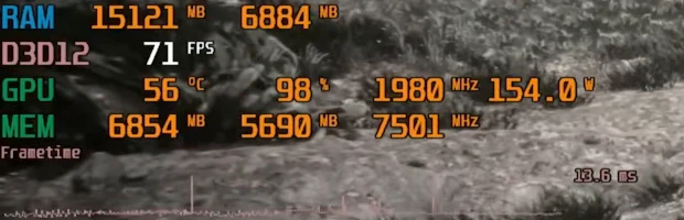 A hardware monitoring overlay reading RAM 15121 MB and 6884 MB, D3D12 71 FPS, GPU 56 degrees at 98 percent and 154.0 W, MEM 6854 MB and 5690 MB, and a frametime graph marked 13.6 ms.