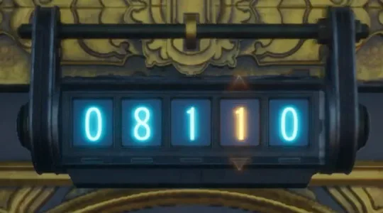 A five-digit strongbox dial in Beast of Reincarnation reading 0 8 1 1 0, the fourth digit highlighted as the one being turned