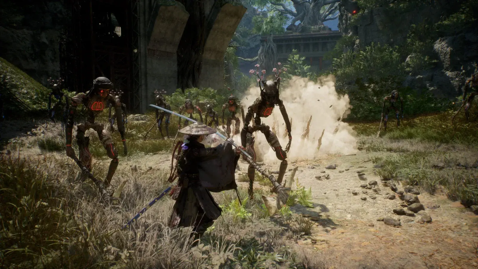 Emma swinging a long blade at a crowd of tall spindly enemies with glowing orange cores, in a ruined overgrown temple courtyard beneath a concrete viaduct